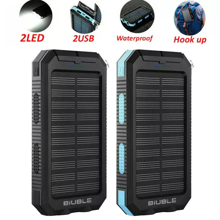 Portable solar power banks with LED light, dual USB ports, waterproof design, and hook feature.