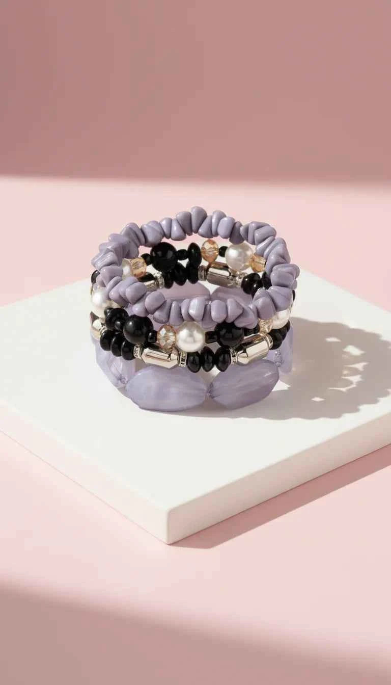 Silver Pearl Ceramic Beaded Bracelet Set