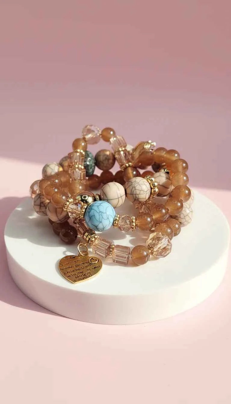Evil Eye & Heart Charm Ceramic Beaded Bracelet Set