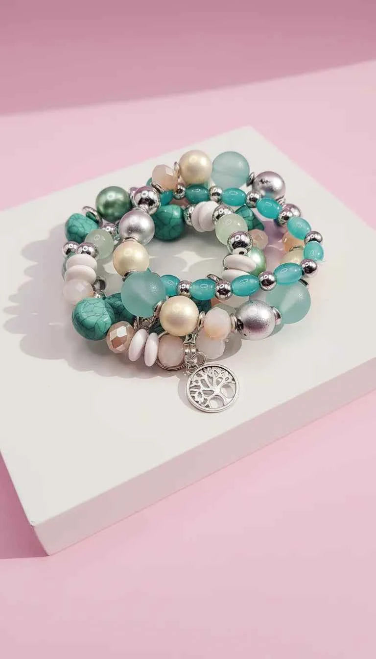 Mini Tree Of Life Double Charm Ceramic Beaded Bracelet Set