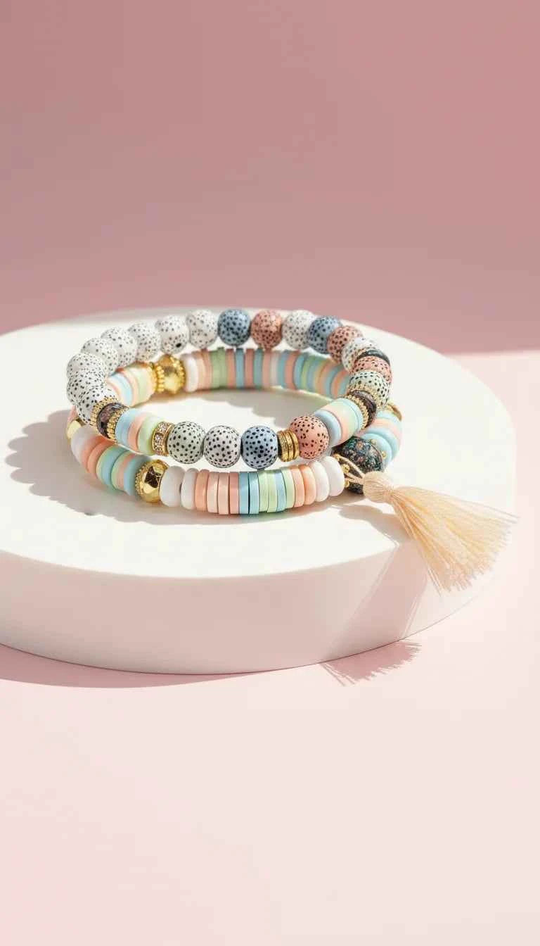 Tassel & Hamsa Charm Ceramic Beaded Bracelet Set
