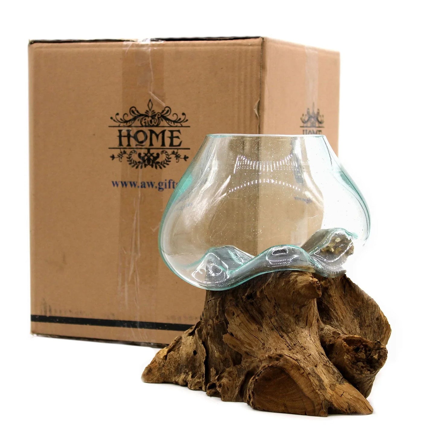 Handmade molten glass bowl vase on natural wood root stand, home decor centerpiece