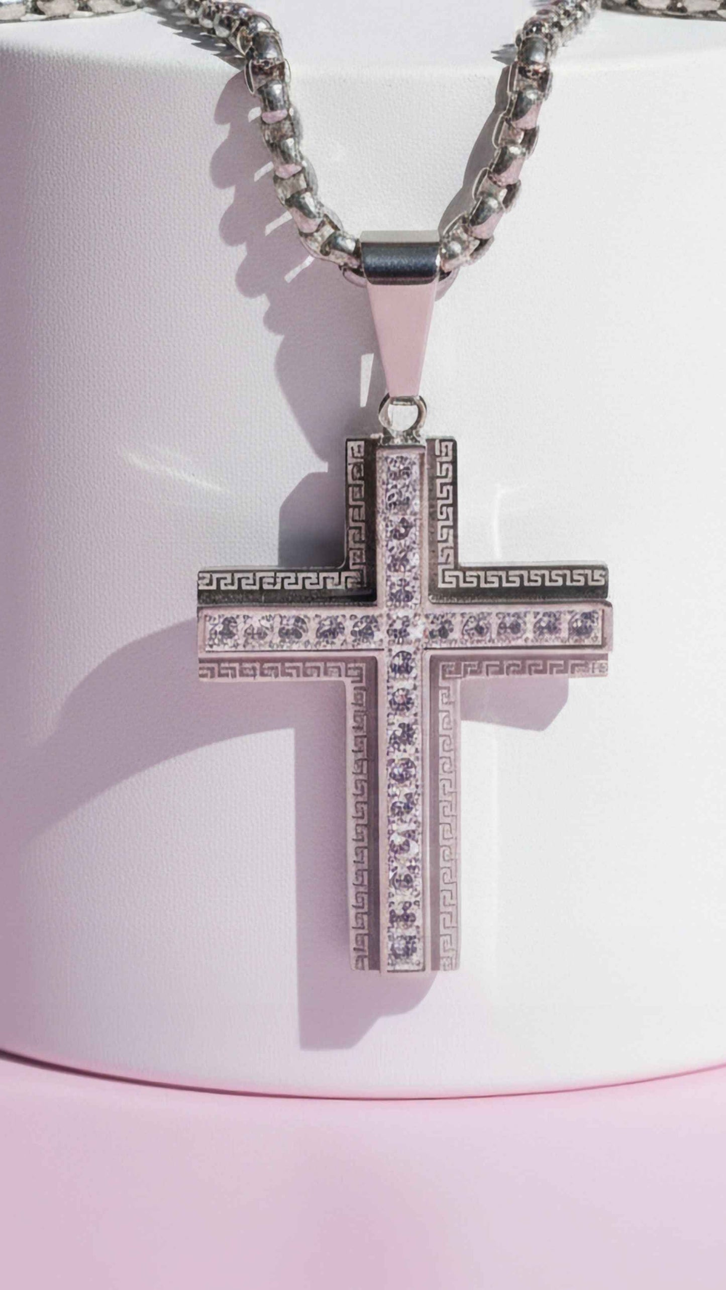 Silver Greek Key Crystal Cross Necklace