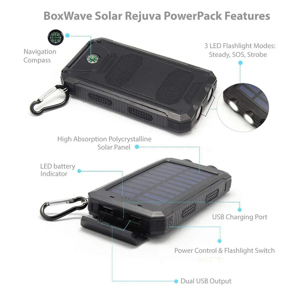 Portable solar power bank with navigation compass, LED battery indicator, dual USB ports, and built-in flashlight.