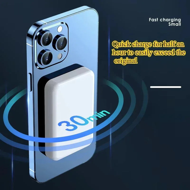 Magnetic wireless power bank attached to smartphone for fast charging in 30 minutes