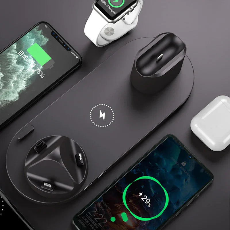 Multi-device wireless charging station with smartphones, smartwatch, and earbuds