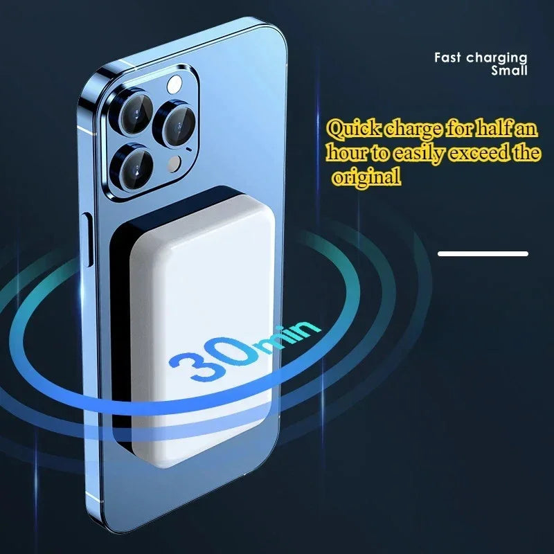 Magnetic wireless power bank attached to smartphone, fast charging in 30 minutes.