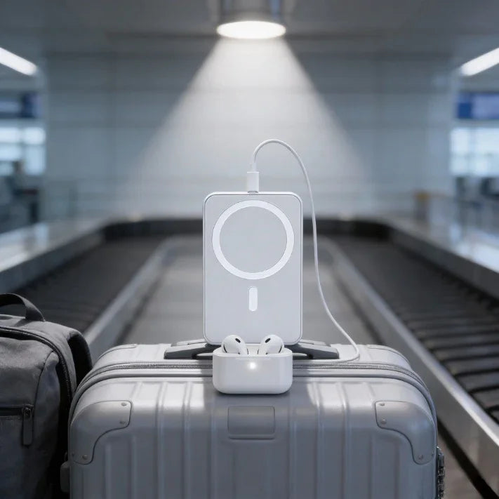 Portable wireless charger and earbuds on suitcase at airport baggage claim