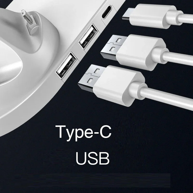 White charging hub with USB and Type-C ports and cables on a black background