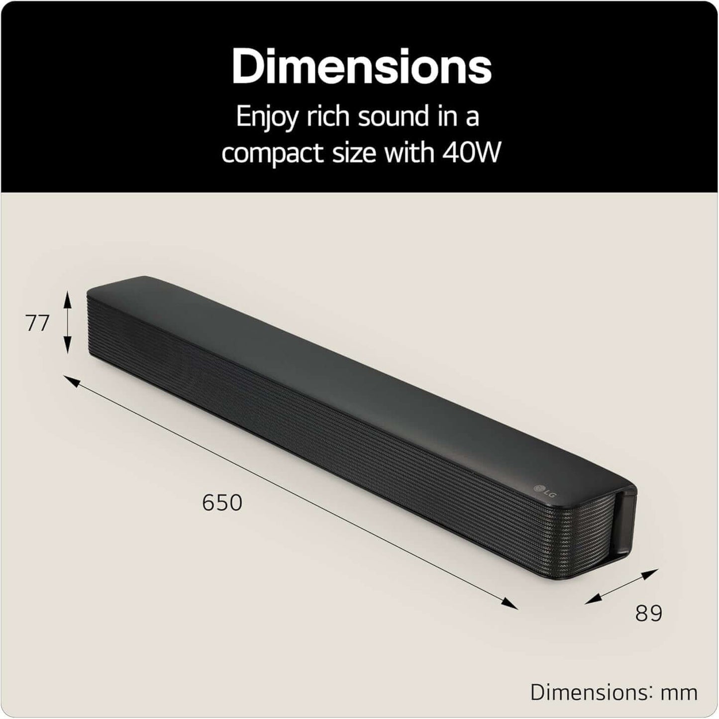 LG SQM1 SOUNDBAR 2.0 WIRELESS BLUETOOTH COMPACT 40W OPTICAL PORT 3.5MM BLACK