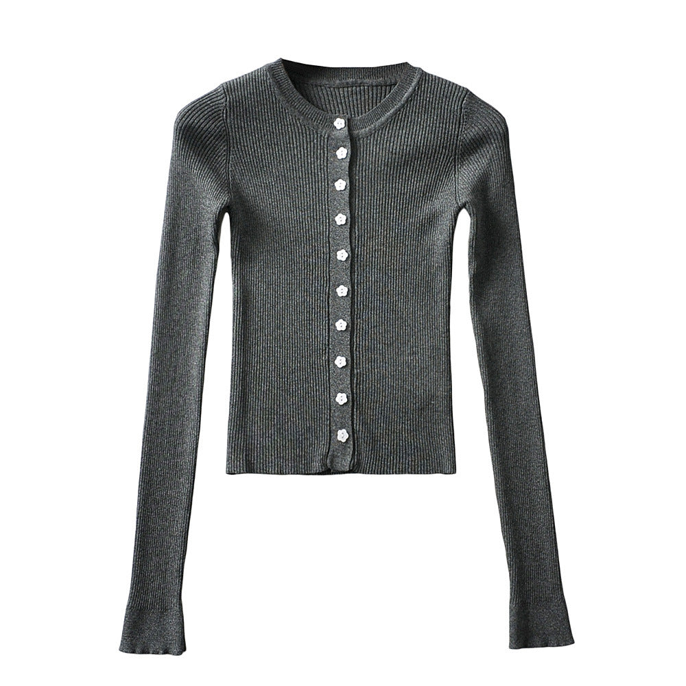 Round neck buckle long sleeved elastic slim fit top