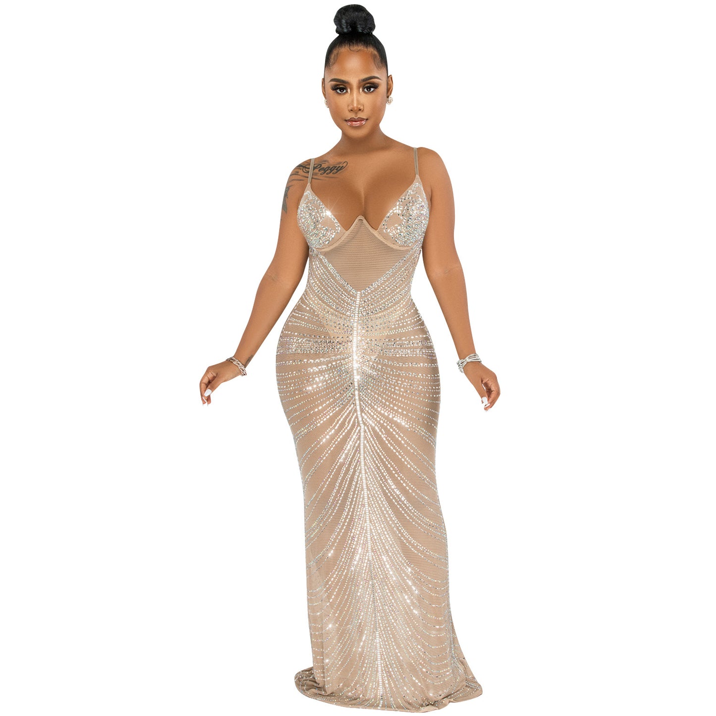 Fashion Sexy Beaded Strapless Sheer Mesh Long Dress