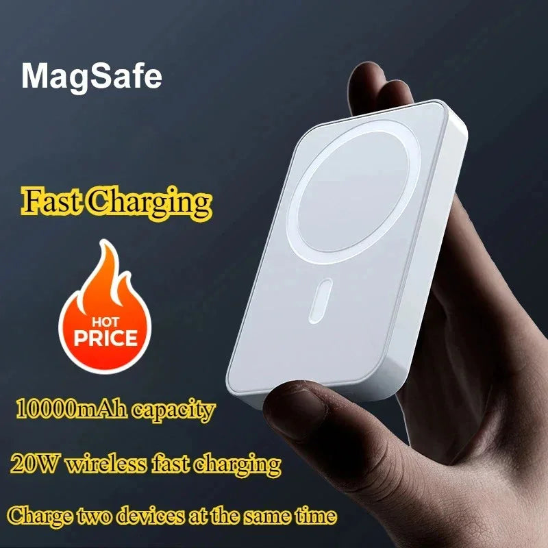 Hand holding MagSafe power bank, 10000mAh, 20W wireless fast charging, white color.