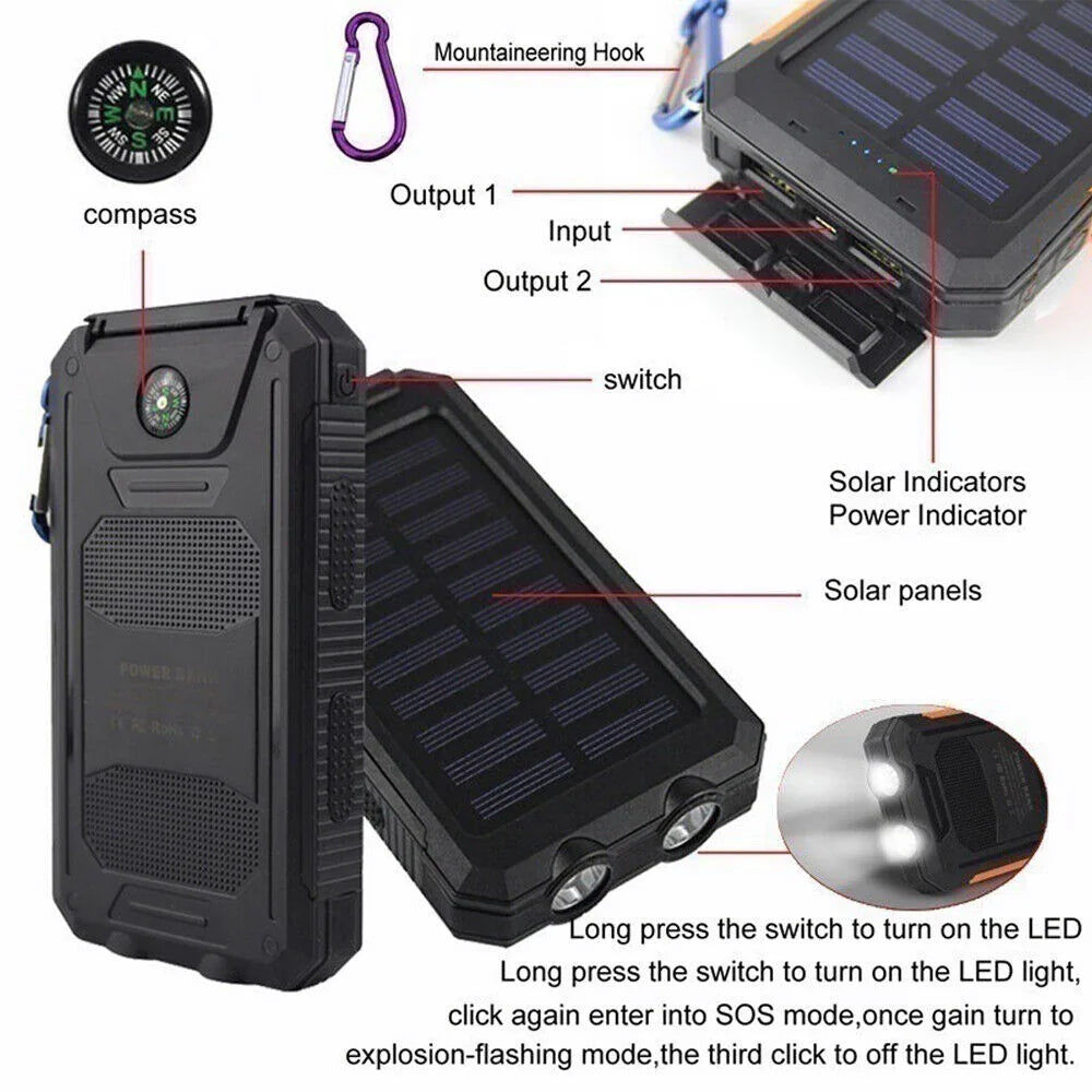 Multi-function solar power bank with compass, LED flashlight, USB ports, mountaineering hook, and solar panels.