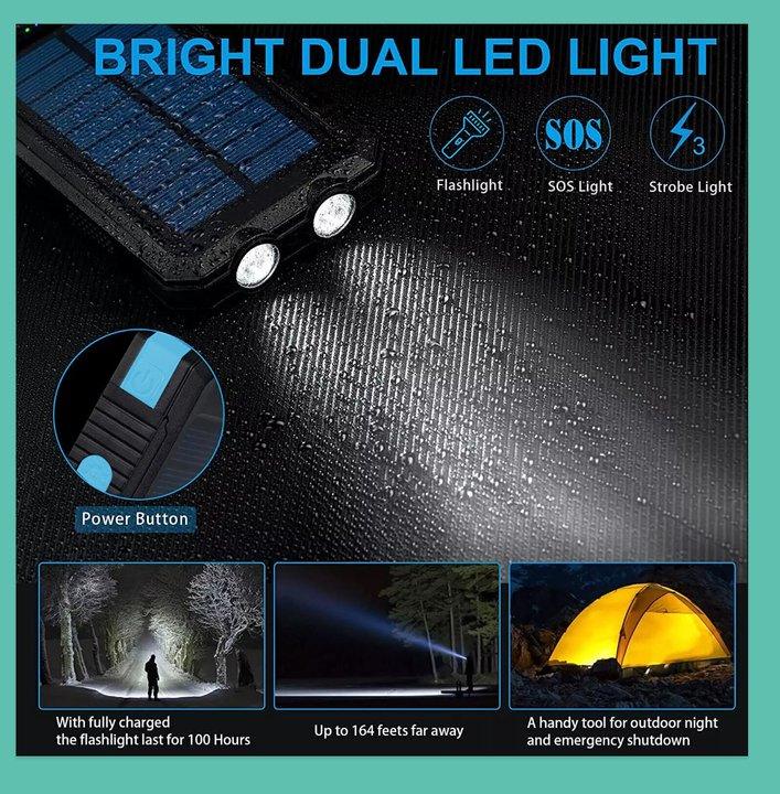Water-resistant solar power bank with dual LED flashlight, SOS and strobe modes, ideal for camping and emergencies.