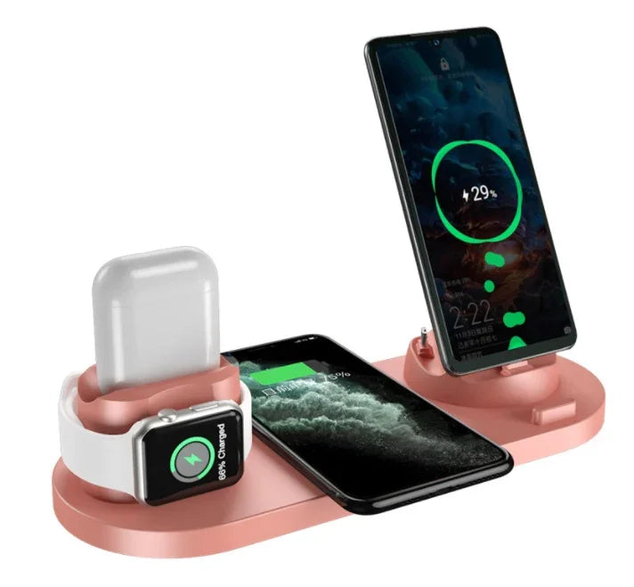 Rose gold wireless charging station for smartphone, smartwatch, and earbuds