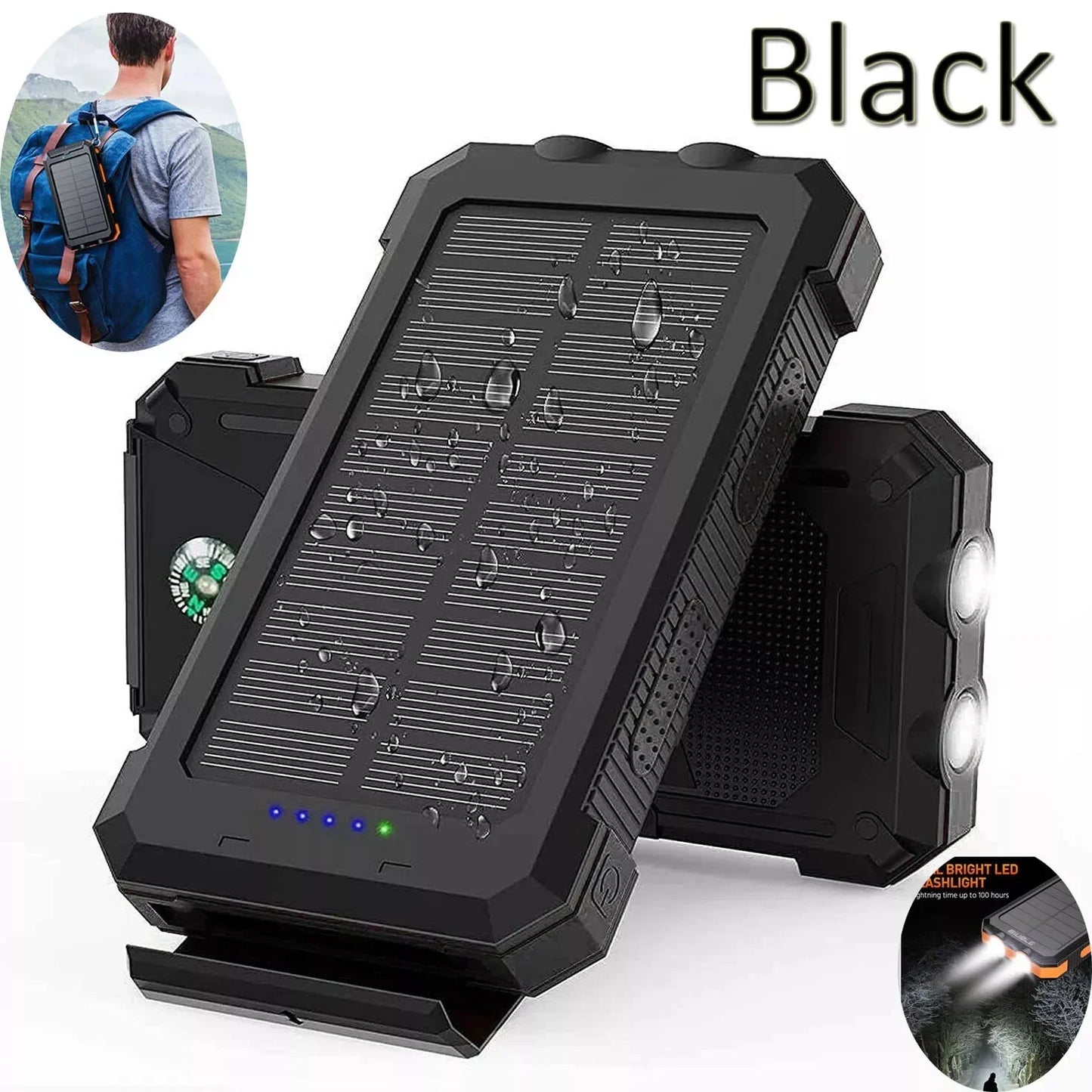 Black waterproof solar power bank with LED flashlight, compass, and outdoor charging features.