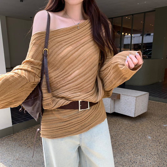 Lazy Chic Cut-Out Asymmetrical Sleeve Long Sleeve Knit Top for Women, Unique High-End Stylish Look