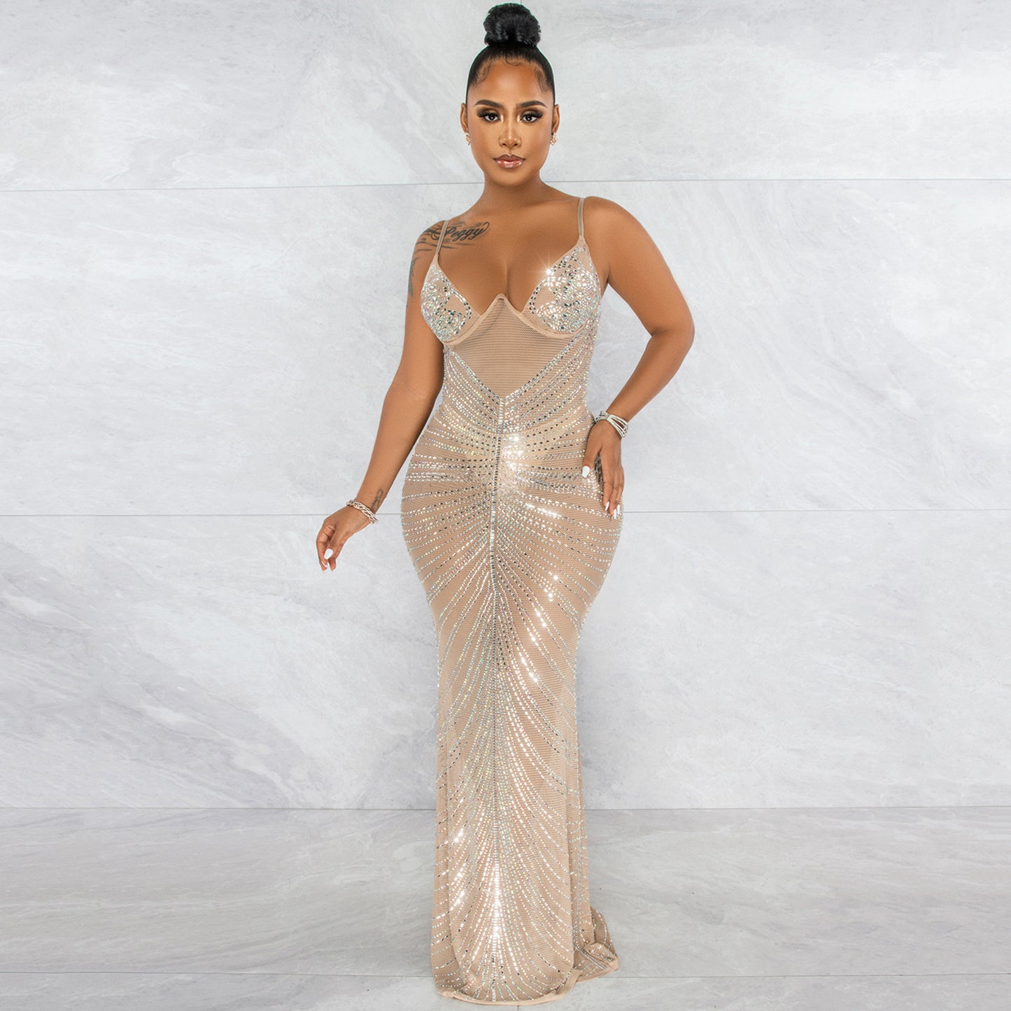 Fashion Sexy Beaded Strapless Sheer Mesh Long Dress