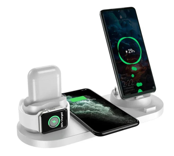 Wireless charging station with smartphone, smartwatch, and earbuds charging