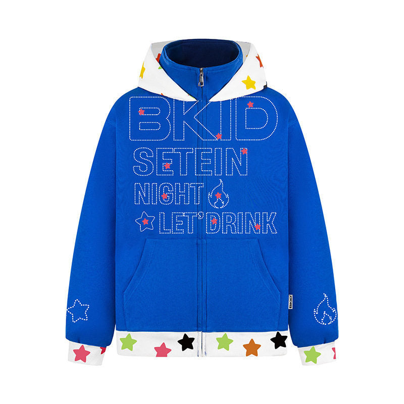 Patchwork Hooded Zip-Up Sweatshirt Loose Casual Outerwear Top