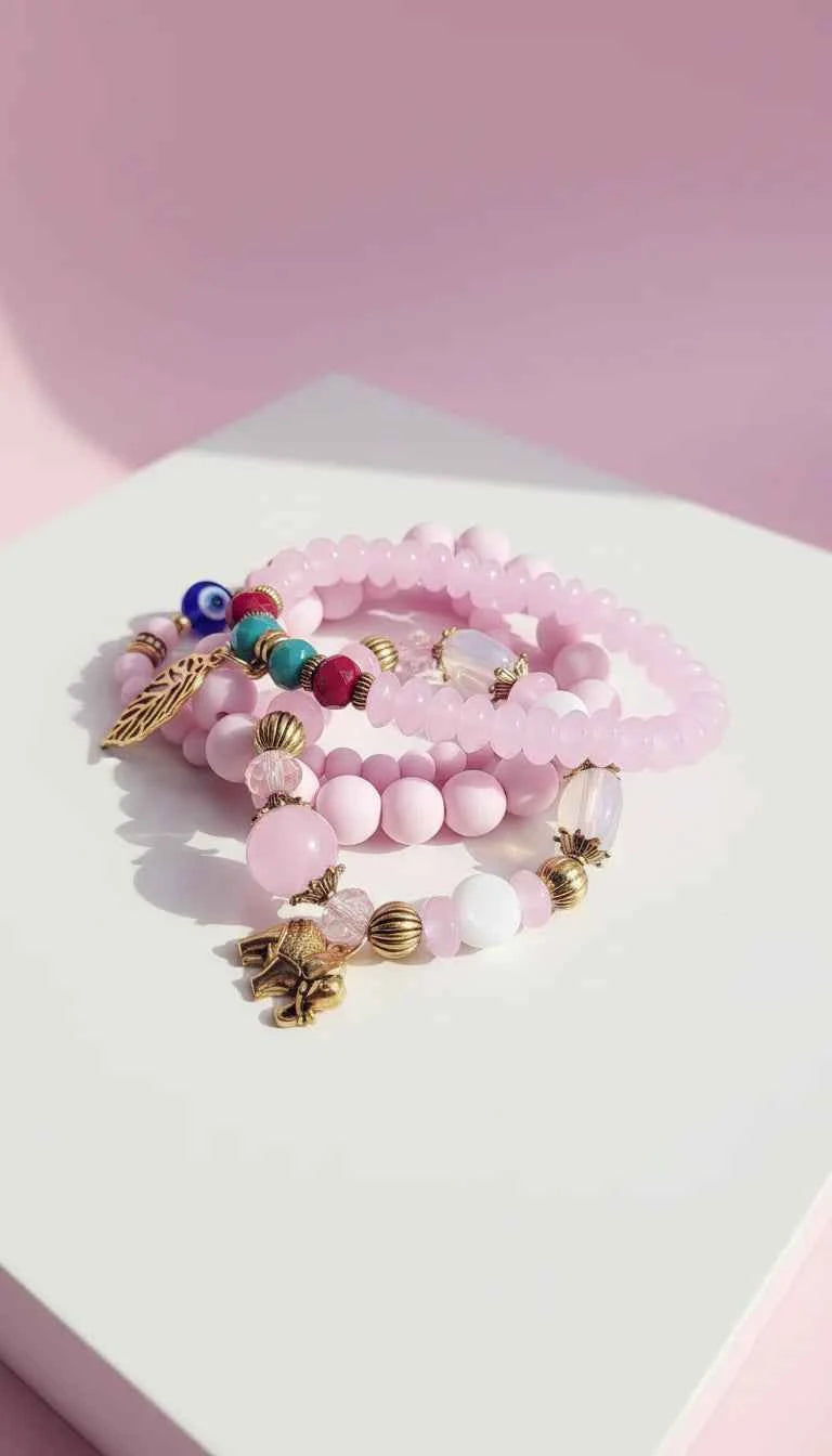 Gold Elephant & Leaf Charm Ceramic Beaded Bracelet Set