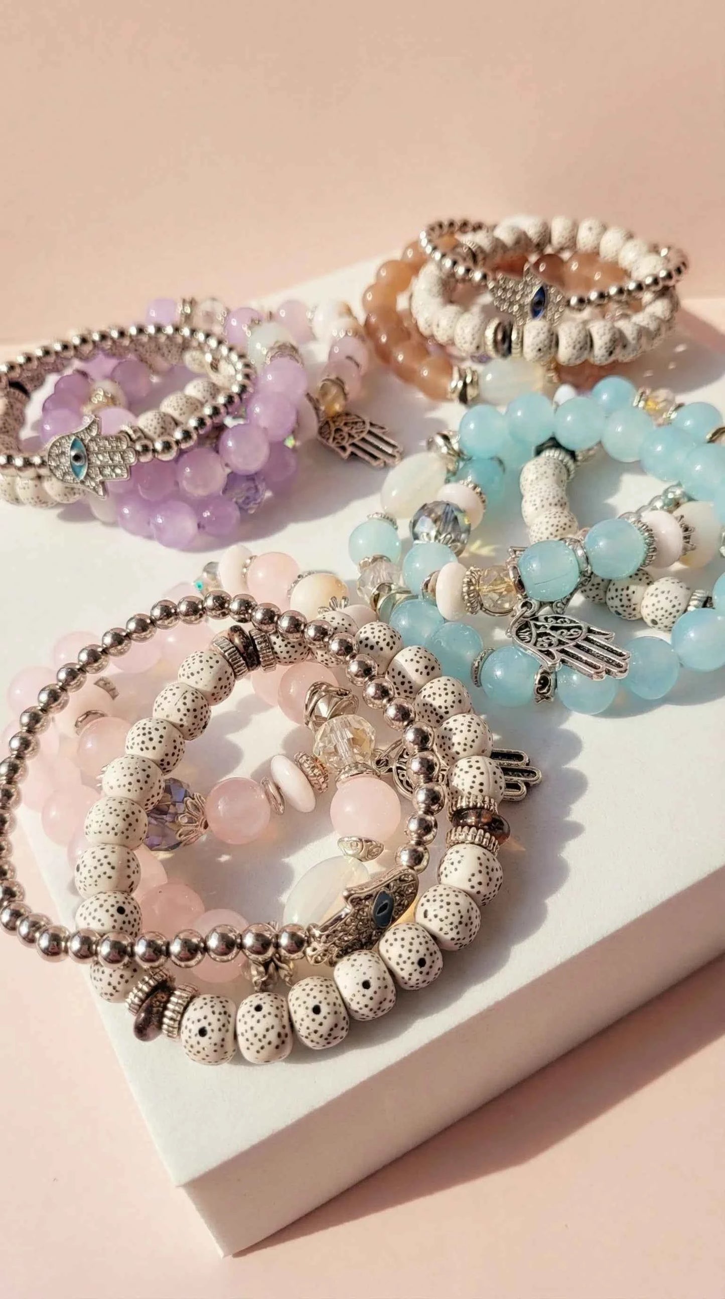 Hamsa Charm Ceramic Beaded Bracelet Set