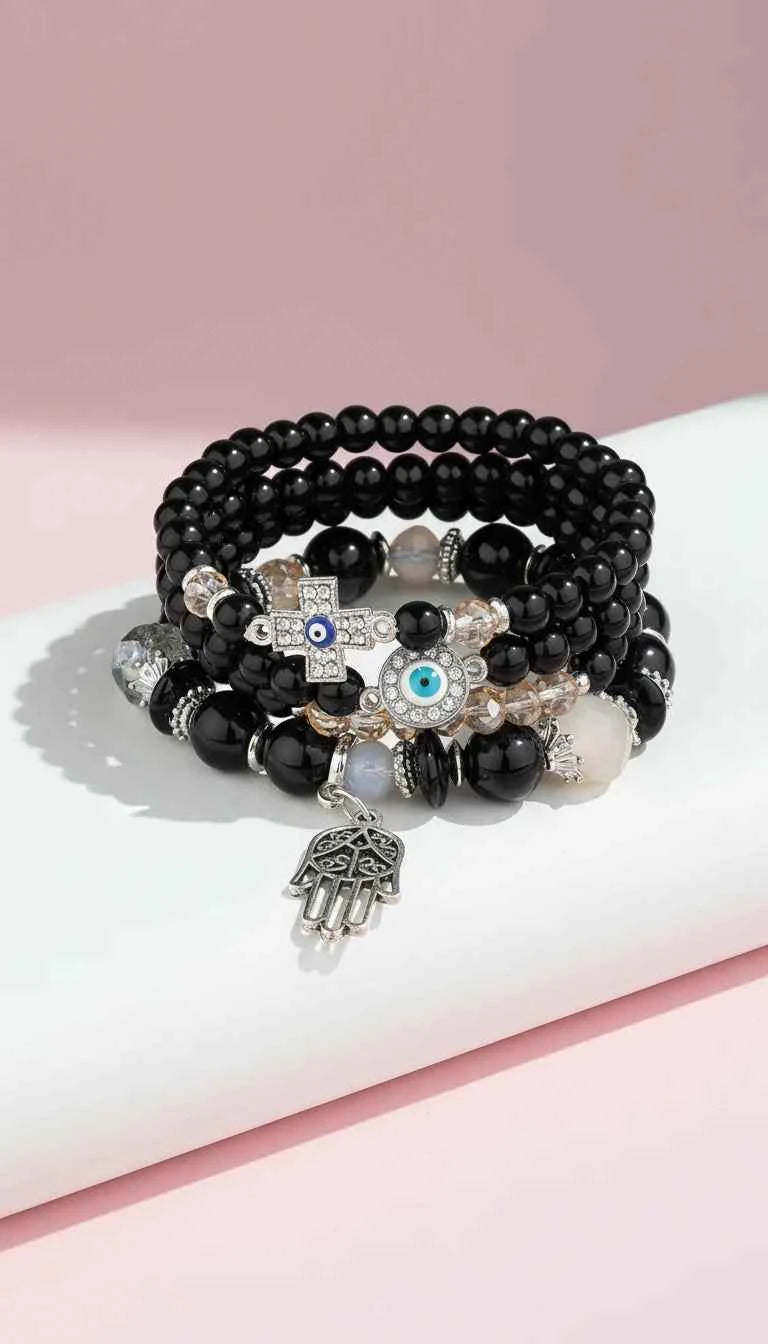 Evil Eye & Hamsa Silver Charm Ceramic Beaded Bracelet Set