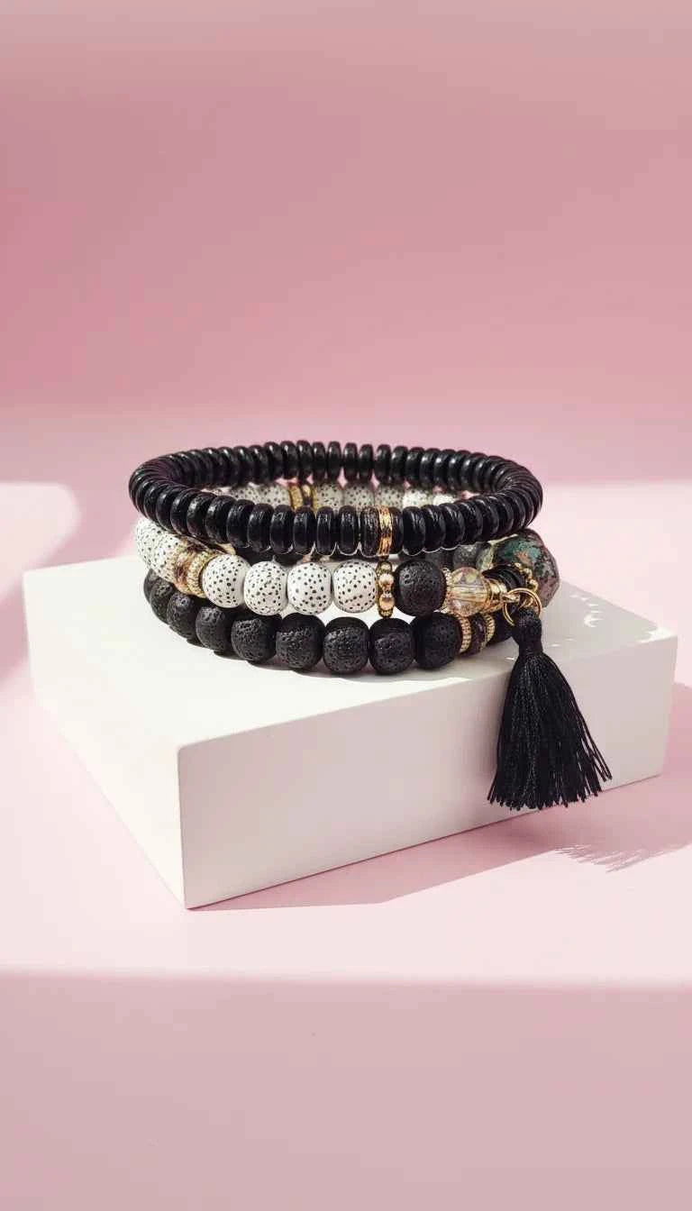 Tassel & Hamsa Charm Ceramic Beaded Bracelet Set
