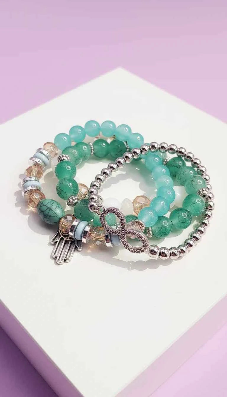 Bow & Hamsa Silver Charm Ceramic Beaded Bracelet Set