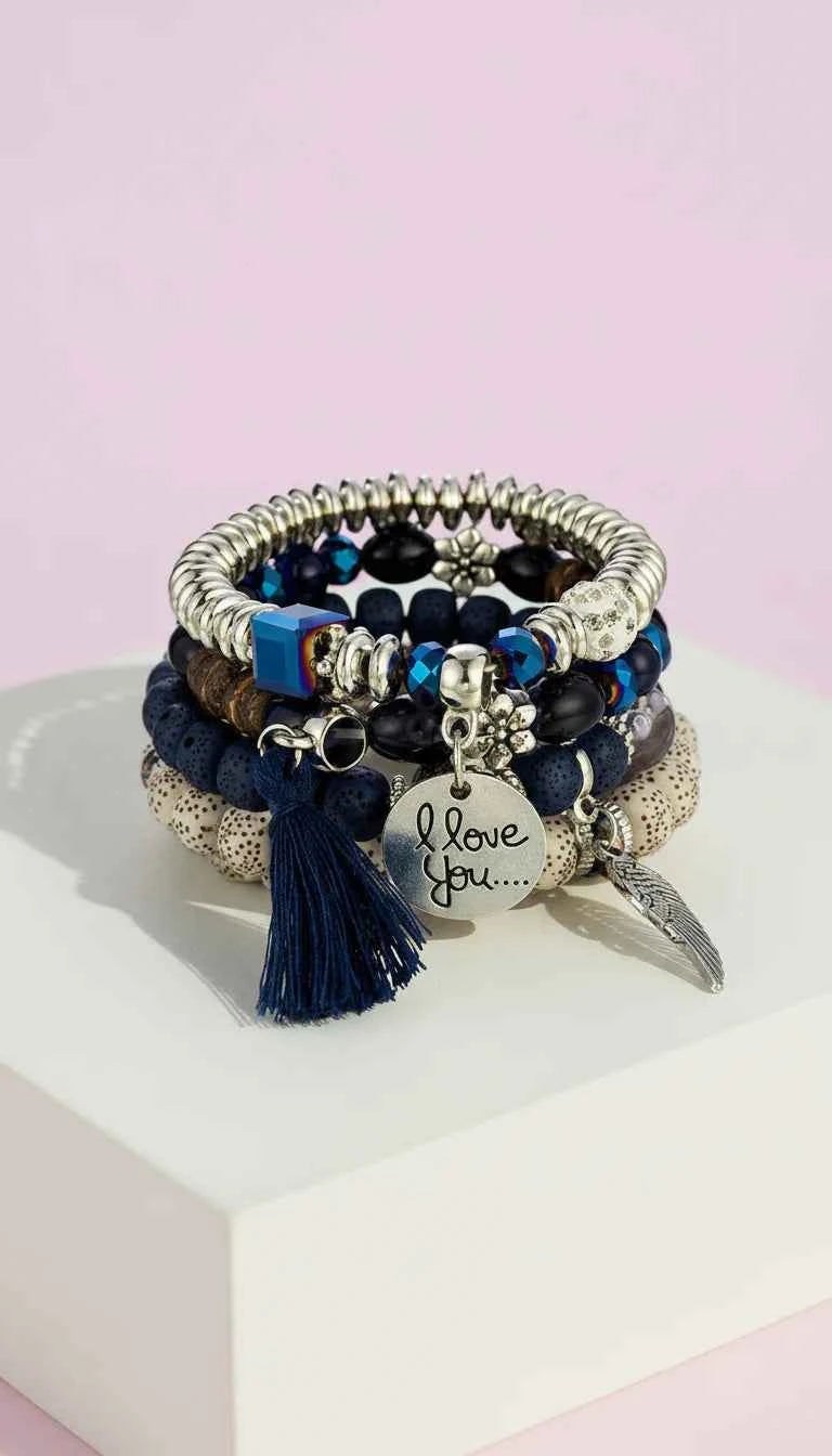 Wings & Tassel Ceramic Charm Beaded Bracelet Set