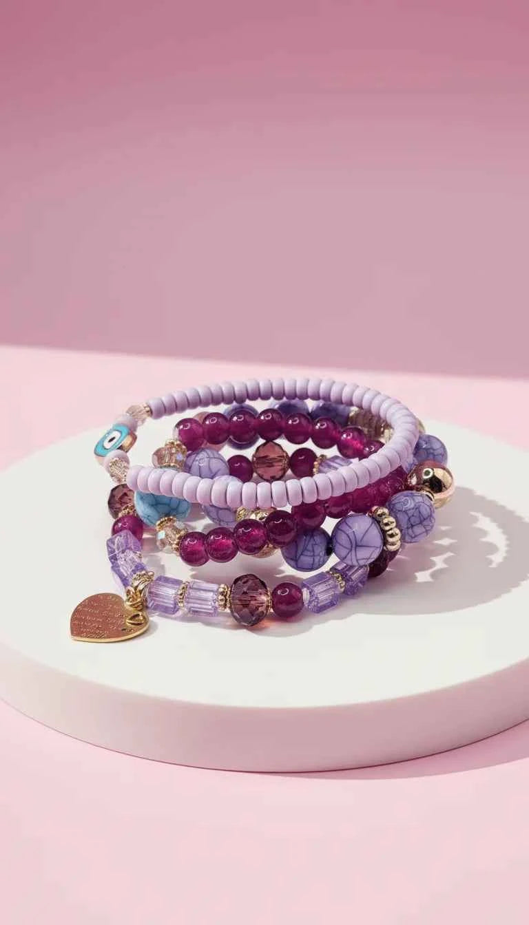 Evil Eye & Heart Charm Ceramic Beaded Bracelet Set