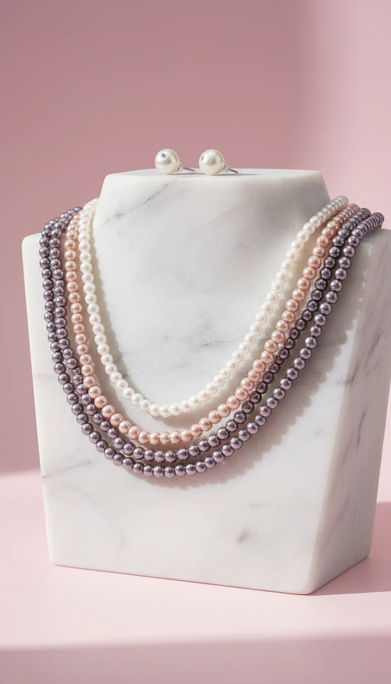 Pearl Multi Layer Necklace & Earrings Set