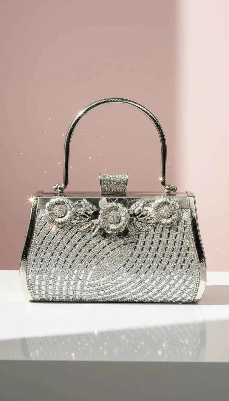 Floral Decor Curved Crystal Clutch Bag