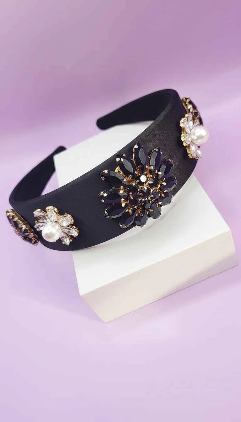 Crystal Flower & Pearls Satin Hair band