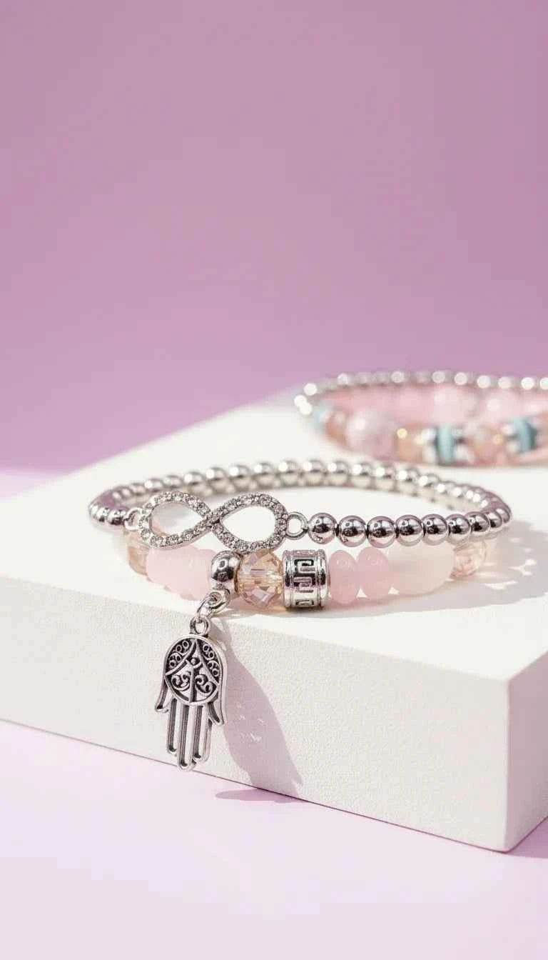 Bow & Hamsa Silver Charm Ceramic Beaded Bracelet Set