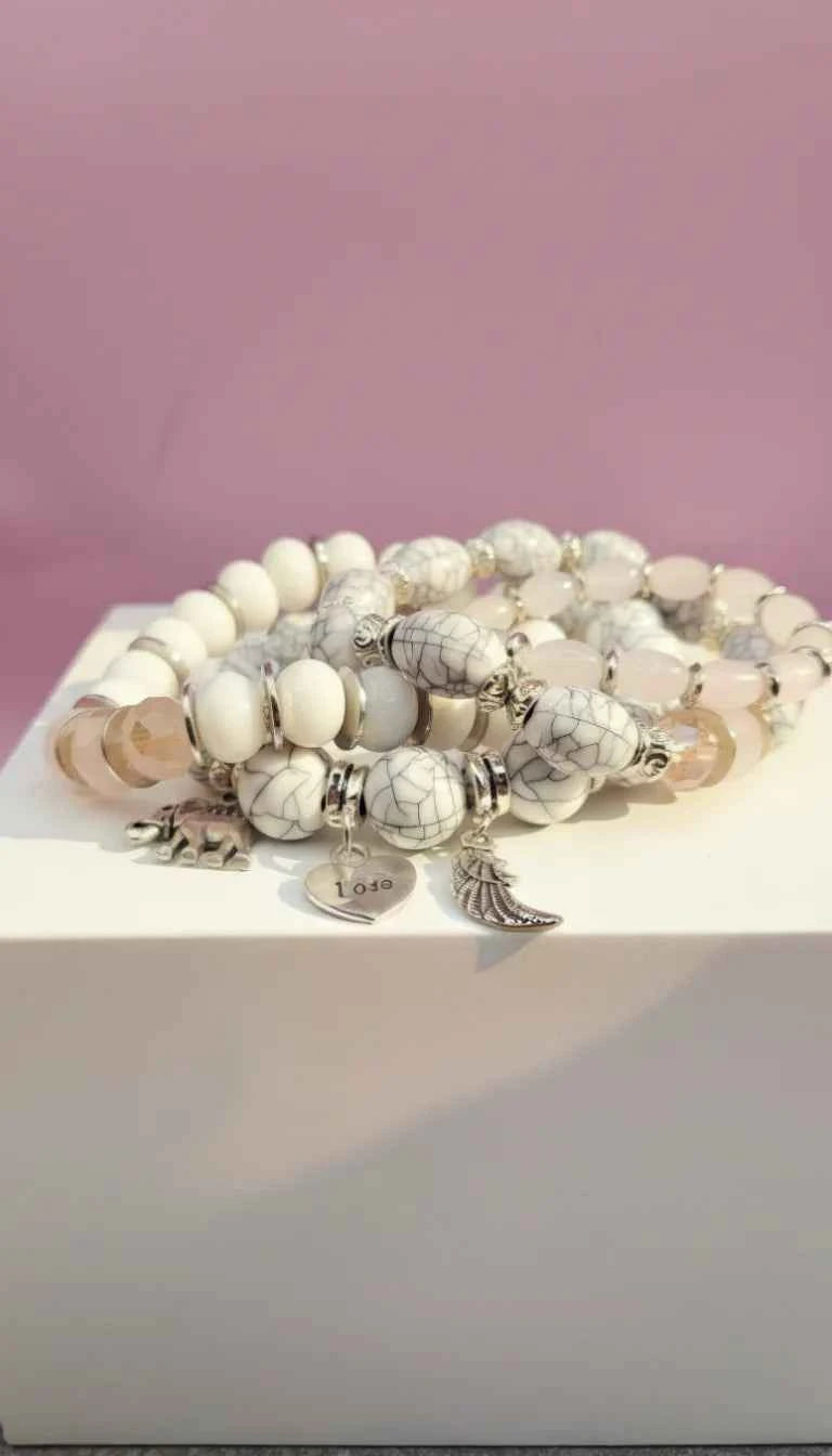 Elephant Love Charm Ceramic Beaded Bracelet Set