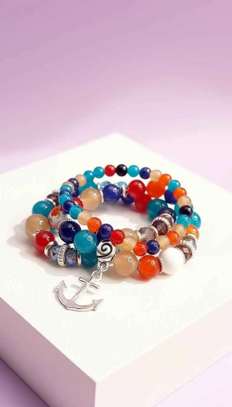 Anchor Charm Ceramic Beaded Bracelet Set