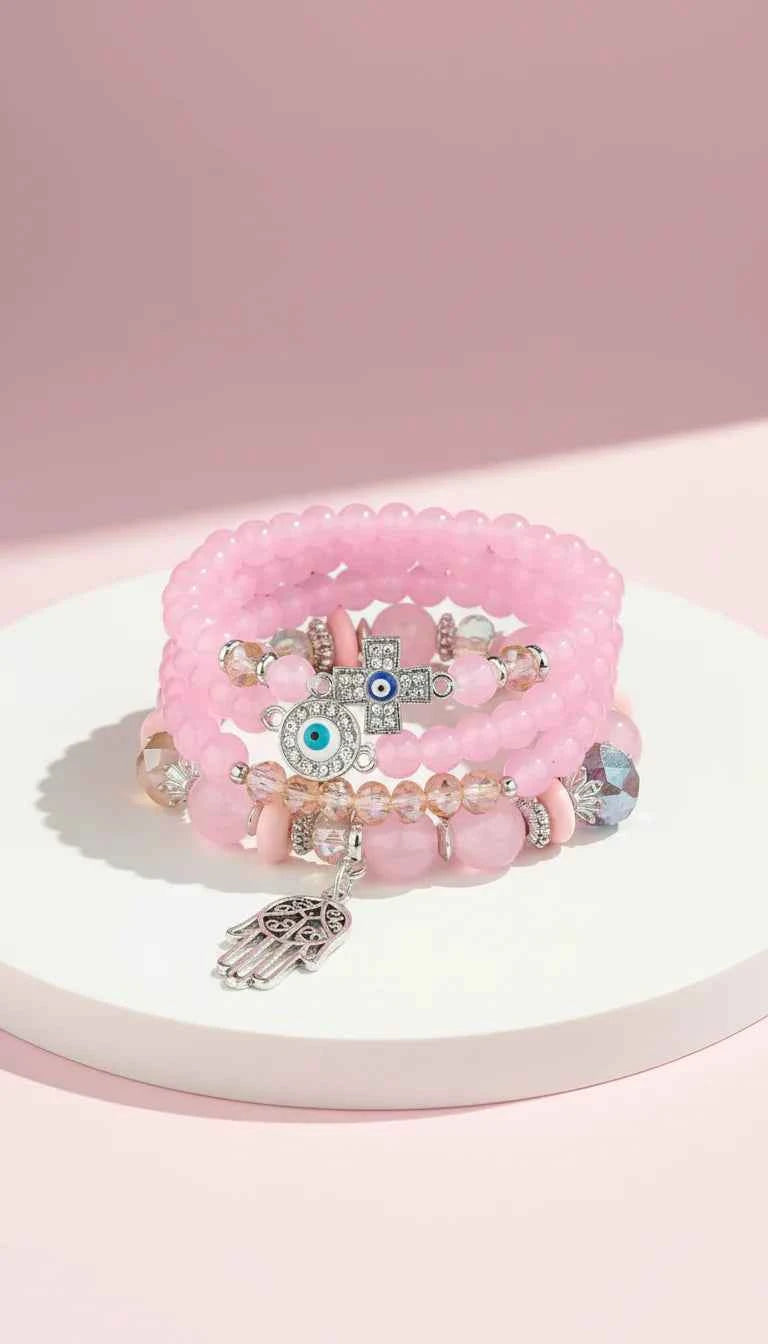 Evil Eye & Hamsa Silver Charm Ceramic Beaded Bracelet Set