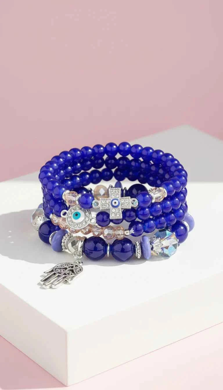 Evil Eye & Hamsa Silver Charm Ceramic Beaded Bracelet Set