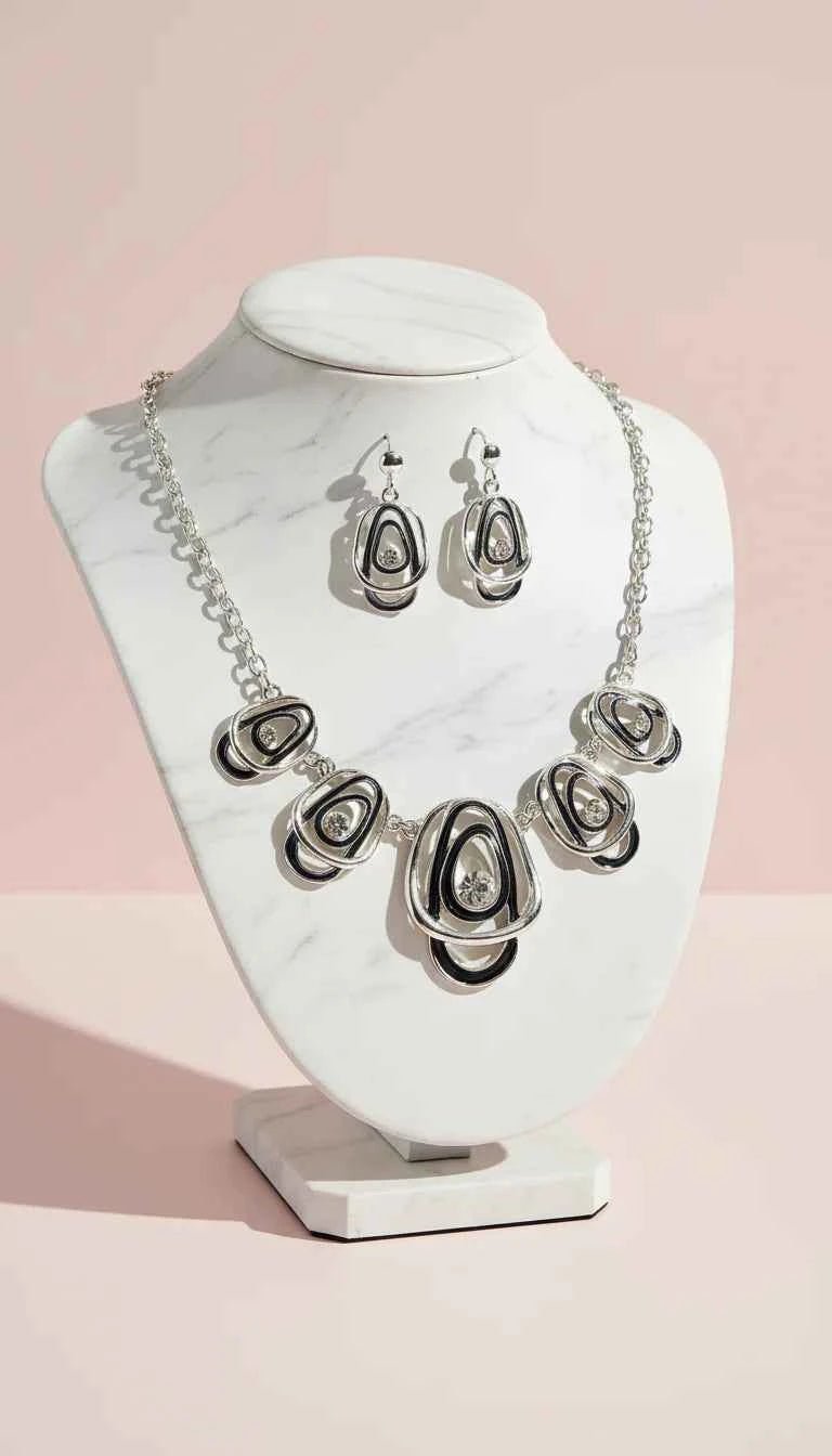 Abstract Layered Crystal Necklace & Earrings Set
