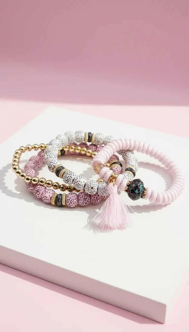 Tassel & Hamsa Charm Ceramic Beaded Bracelet Set