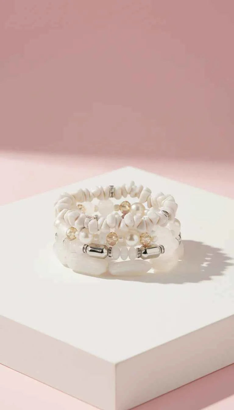 Silver Pearl Ceramic Beaded Bracelet Set