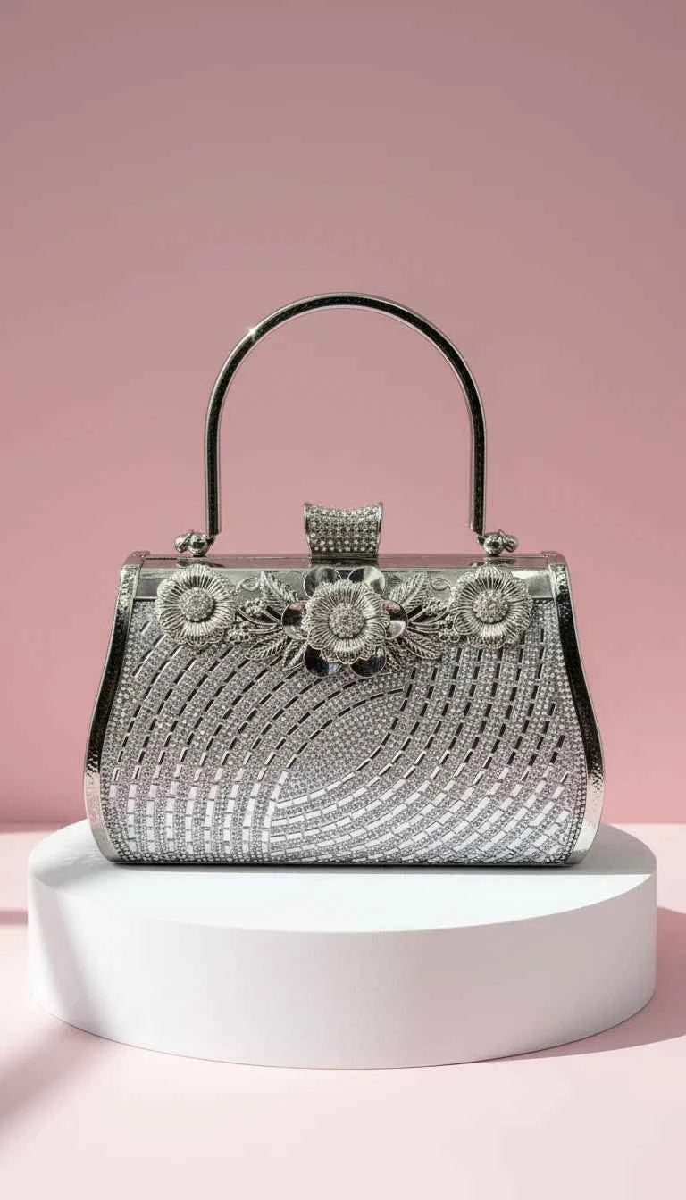 Floral Decor Curved Crystal Clutch Bag