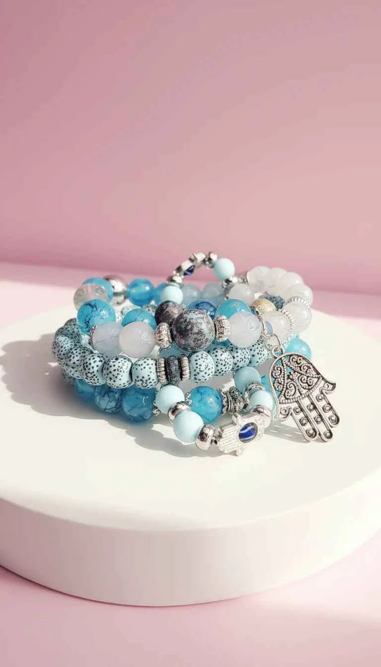 Silver Hamsa Charm Ceramic Beaded Bracelet Set