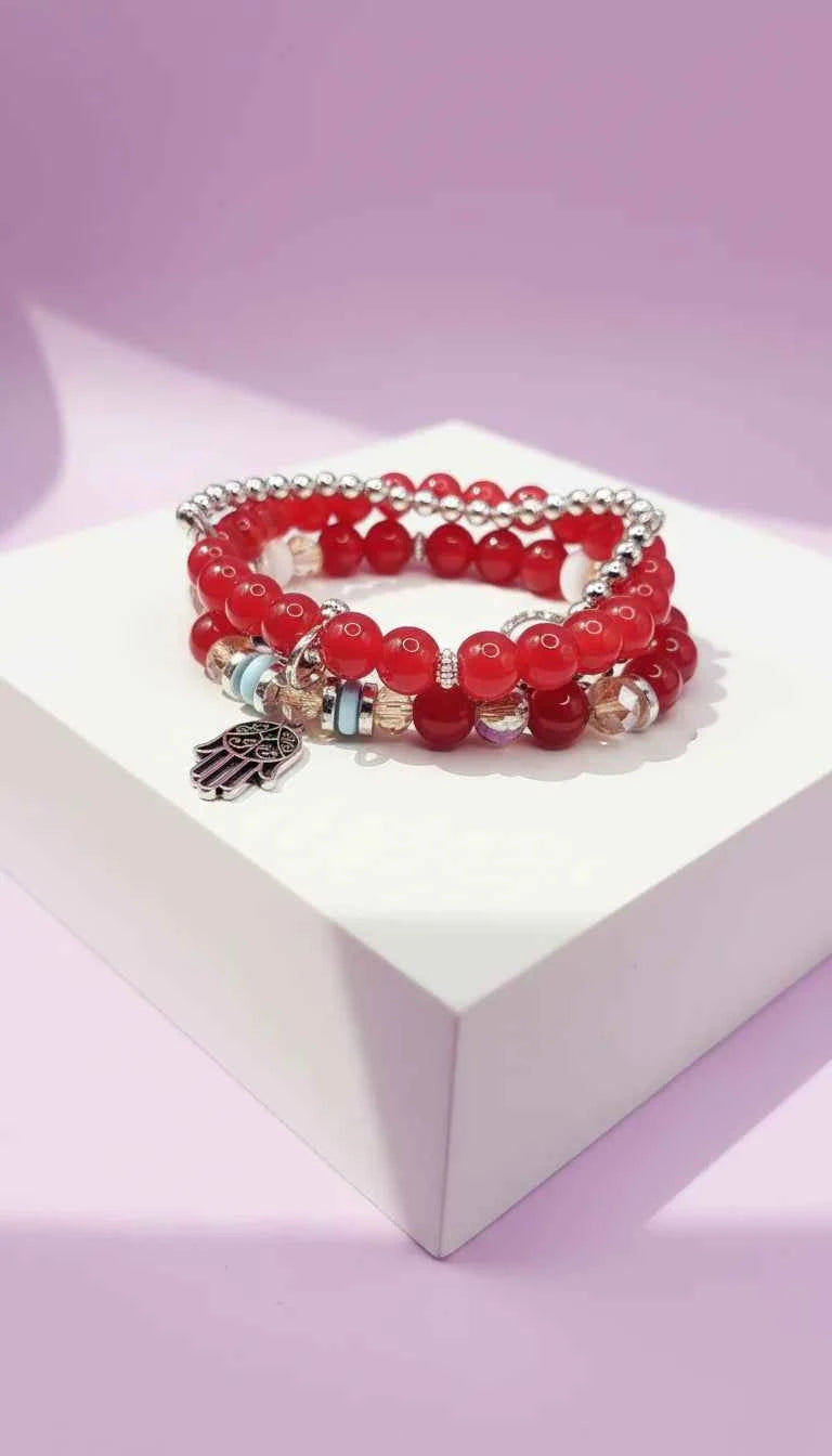 Bow & Hamsa Silver Charm Ceramic Beaded Bracelet Set