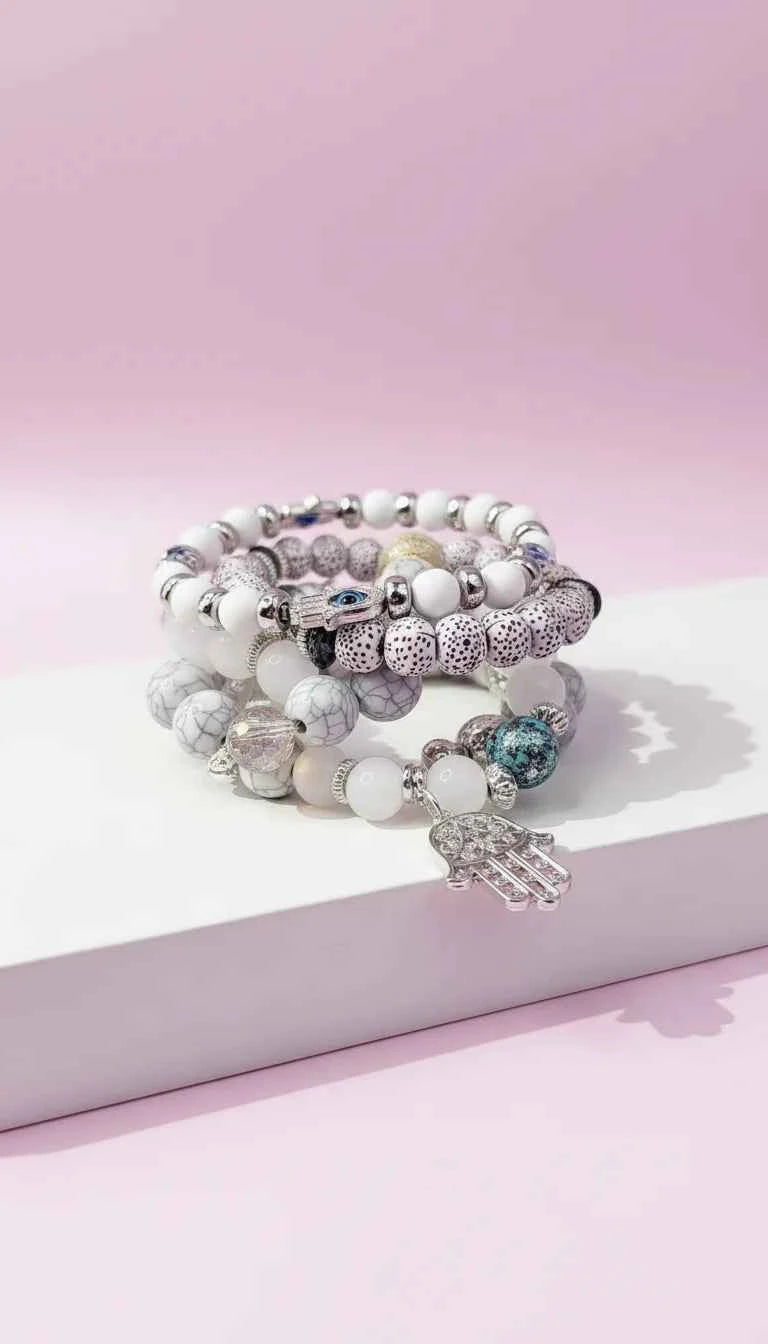 Silver Hamsa Charm Ceramic Beaded Bracelet Set