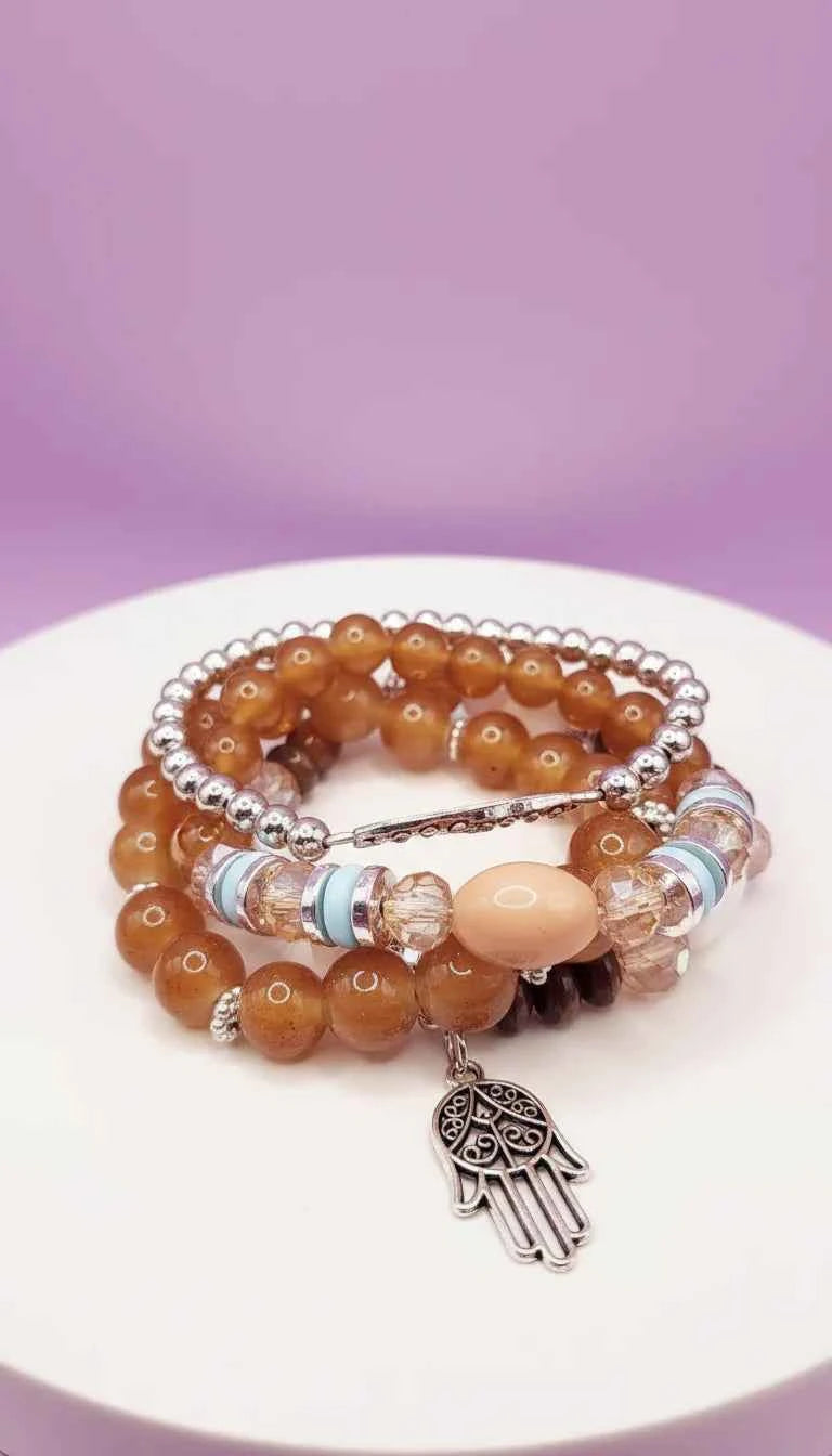 Bow & Hamsa Silver Charm Ceramic Beaded Bracelet Set