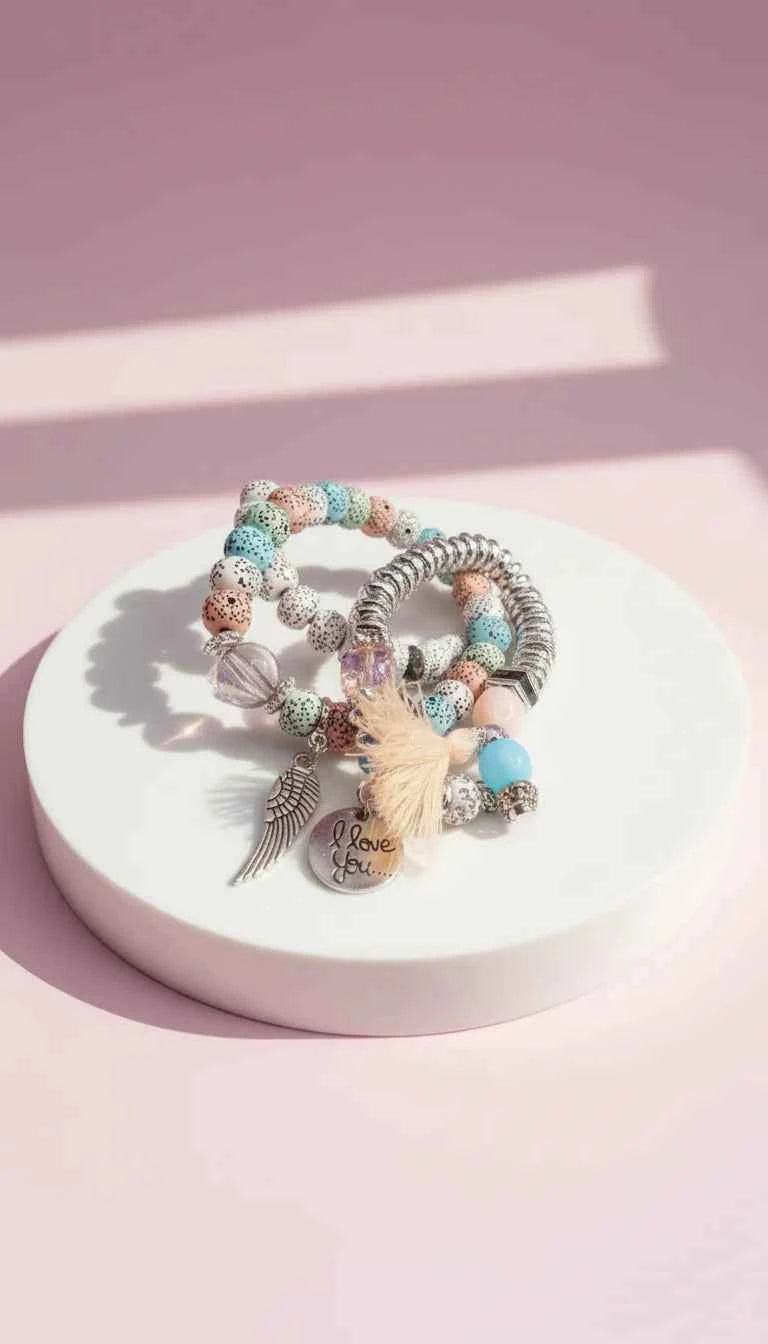 Wings & Tassel Ceramic Charm Beaded Bracelet Set