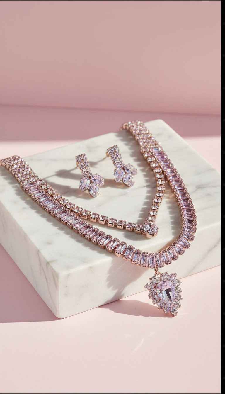 Crystal Baguette Cut Layered Necklace & Earrings Set